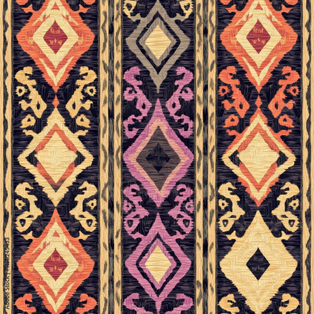 Ikat Stripes: A vibrant and intricate pattern showcasing a seamless design of colorful ikat stripes in a rich palette of oranges, purples and beige against a dark background. Ikat Stripes: A vibrant and intricate pattern showcasing a seamless design of colorful ikat stripes in a rich palette of oranges, purples and beige against a dark background.