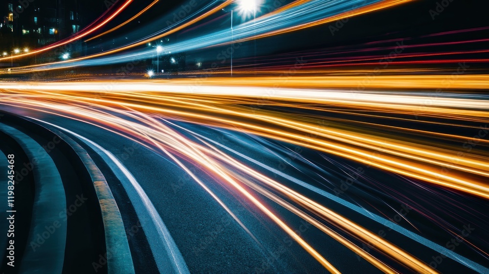 Abstract light trails of speeding vehicles on a curved highway at night. Abstract light trails of speeding vehicles on a curved highway at night.
