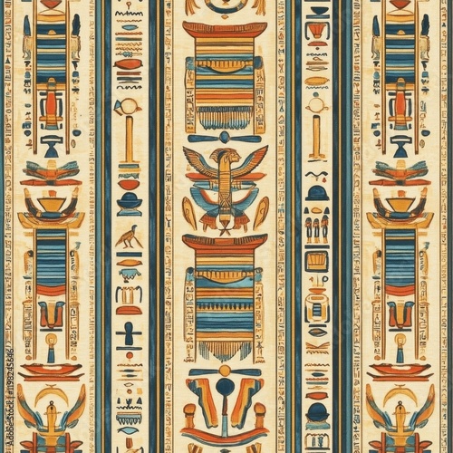 Ancient Egyptian Hieroglyphs Textile:  A repeating pattern inspired by ancient Egyptian hieroglyphs, featuring columns of symbolic imagery in rich, earthy tones of blue, orange.