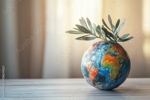 A painted globe adorned with olive branches, symbolizing peace and environmental protection. photo