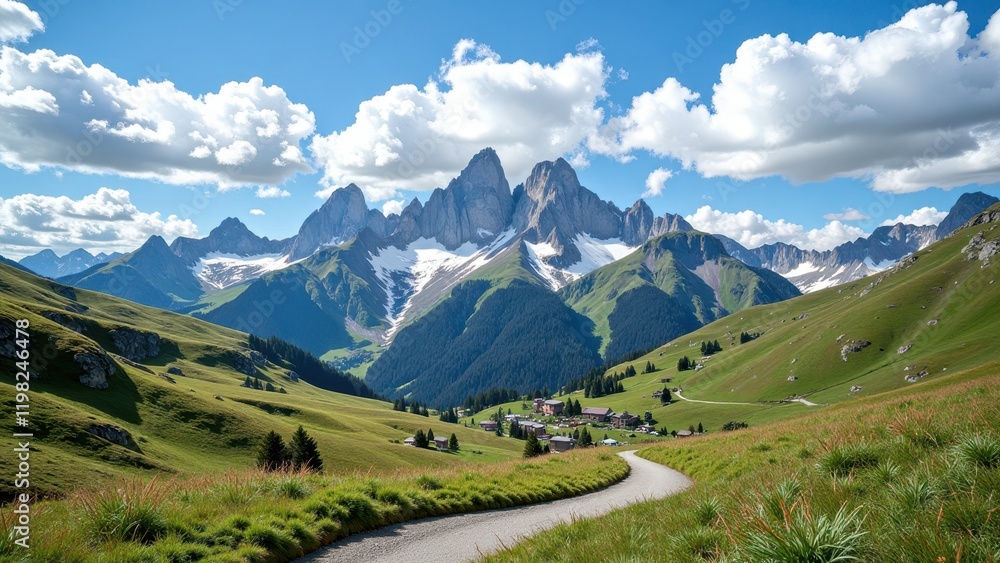 Breathtaking mountain range cradles a quaint town beneath, framed by a winding gray gravel road. Panoramic vista captures serene beauty from a unique left-side perspective. Breathtaking mountain range cradles a quaint town beneath, framed by a winding gray gravel road. Panoramic vista captures serene beauty from a unique left-side perspective.