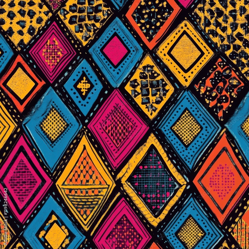 Vibrant Geometric Textile: A captivating textile design showcases a dynamic pattern of colorful diamonds, each filled with intricate, hand-drawn details. Vibrant Geometric Textile: A captivating textile design showcases a dynamic pattern of colorful diamonds, each filled with intricate, hand-drawn details.