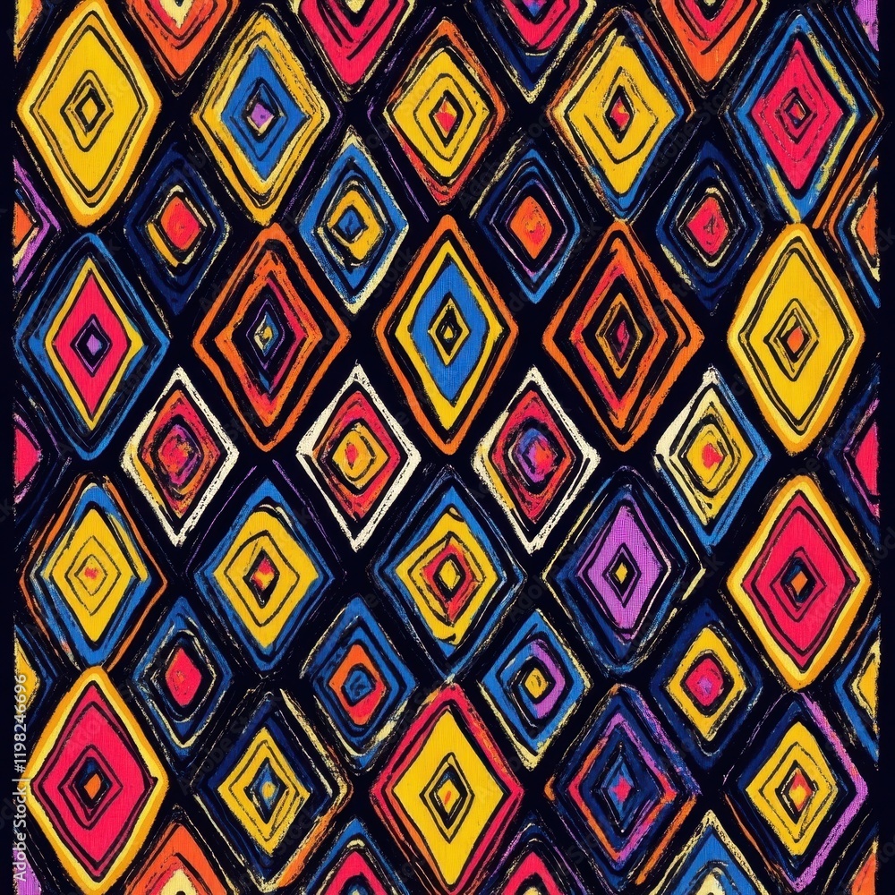 Vibrant Diamond Pattern: A captivating textile design featuring a bold geometric pattern of colorful diamonds in various shades, creating a lively and energetic visual. Vibrant Diamond Pattern: A captivating textile design featuring a bold geometric pattern of colorful diamonds in various shades, creating a lively and energetic visual.
