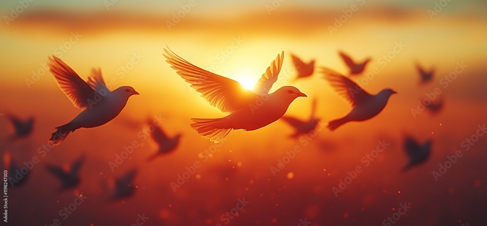 Doves fly sunset; hope, peace, freedom Doves fly sunset; hope, peace, freedom