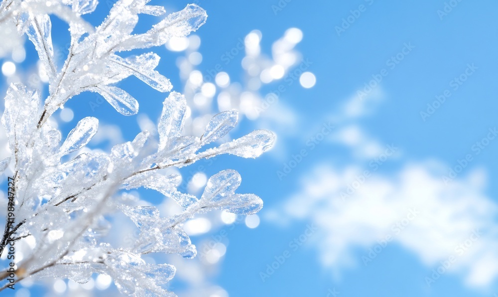 Frosty branches, winter scene, clear sky, bokeh background, seasonal card Frosty branches, winter scene, clear sky, bokeh background, seasonal card