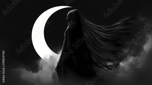 Moonshade assassin cloaked in shadows moving silently under a crescent moon blending into the night with lethal grace. Moonshade. Illustration