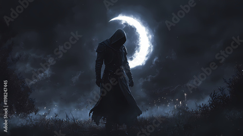Moonshade assassin cloaked in shadows moving silently under a crescent moon blending into the night with lethal grace. Moonshade. Illustration
