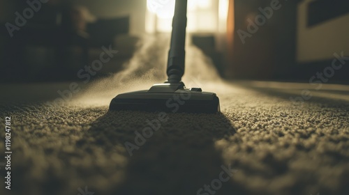 Close-up View of a Vacuum Cleaner on a Carpet with Dust Particles Lit by Sunlight, Capturing the Essence of Cleanliness and Home Care in a Cozy Environment photo