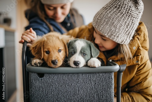 Dogs enjoying a joyful ride in a car with family during a sunny day photo