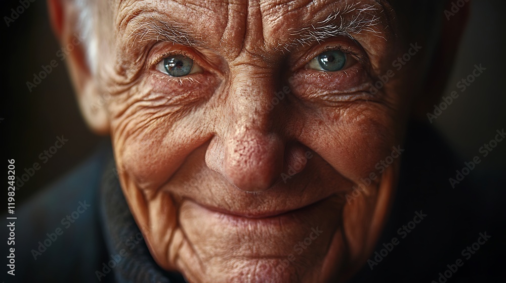 Close-up portrait of an elderly person with deep wrinkles and a warm smile Close-up portrait of an elderly person with deep wrinkles and a warm smile