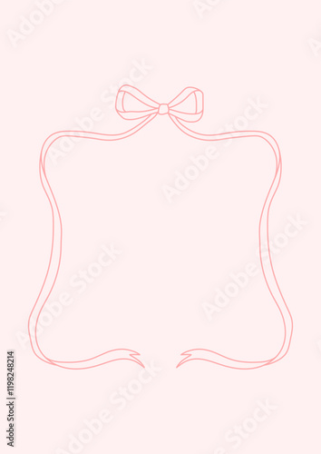 Charming Coquette Valentines Day card. Hand drawn illustration. Teapot and tea cup, candle, decorative bows frame. Cute vintage girly design with pink ribbons and bows frame