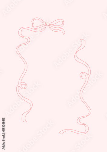 Frame of coquette pretty charming pink bow and ribbons. Hand drawn trendy ribbons border. Vintage bowknots frame for greeting cards, wedding, invitations, social media