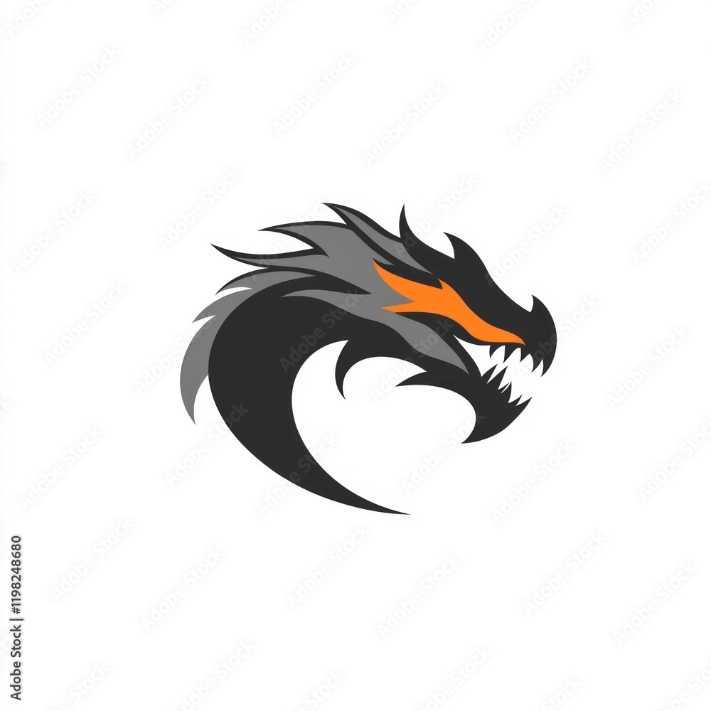 A dragon head is displayed with dark grey and orange colors over a white background for logo use A dragon head is displayed with dark grey and orange colors over a white background for logo use