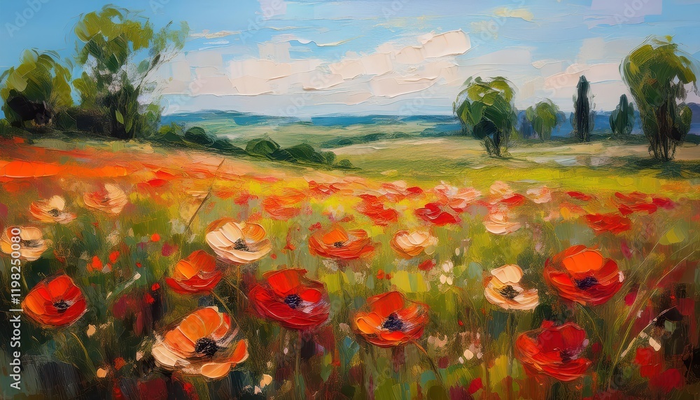 Vibrant Poppy Field under the Golden Sunlight A Mesmerizing Blaze of Reds and Yellows, Stretching Endlessly Across a Serene Countryside Vibrant Poppy Field under the Golden Sunlight A Mesmerizing Blaze of Reds and Yellows, Stretching Endlessly Across a Serene Countryside