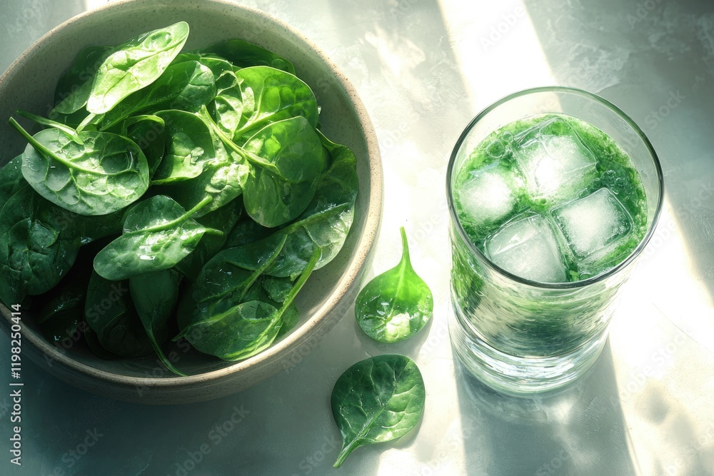 Obraz premium Fresh spinach leaves and a refreshing spinach smoothie in a glass, perfect for a healthy lifestyle.