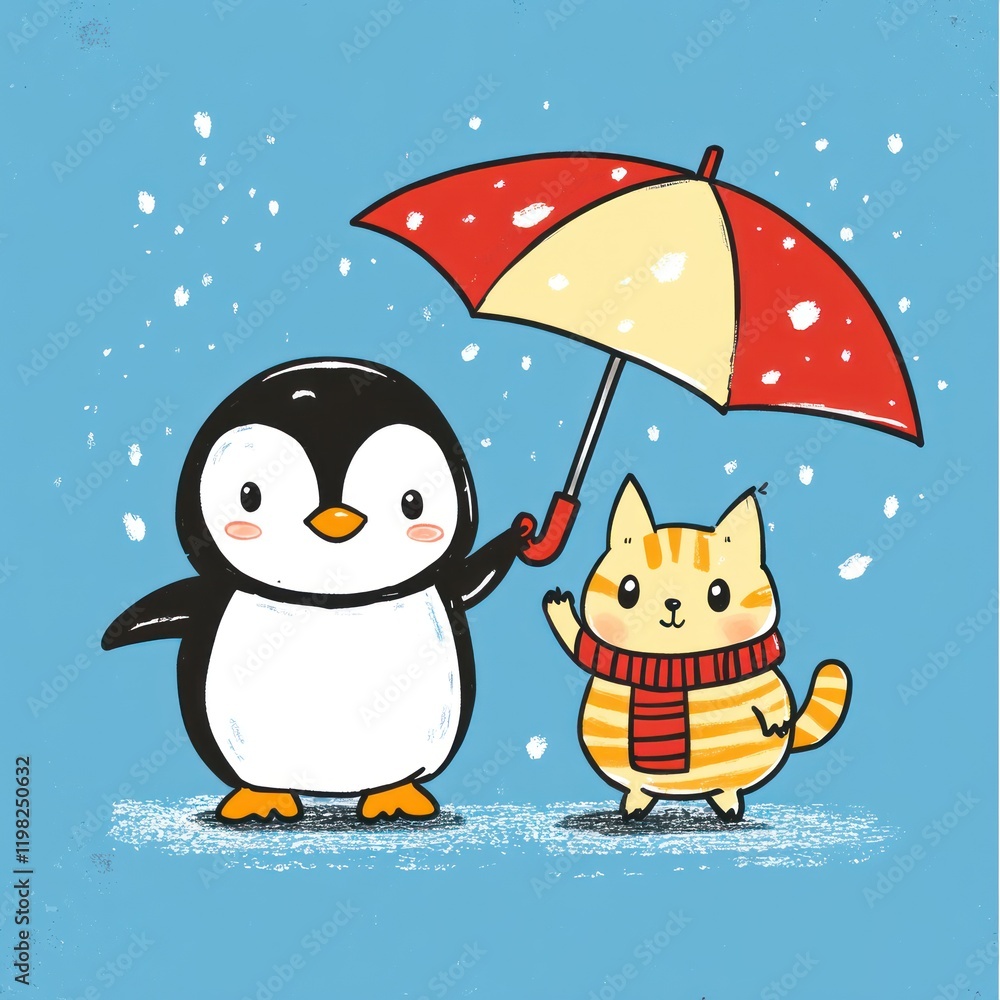 Obraz premium Penguin, cat, snow, umbrella, friendship, winter, illustration, card