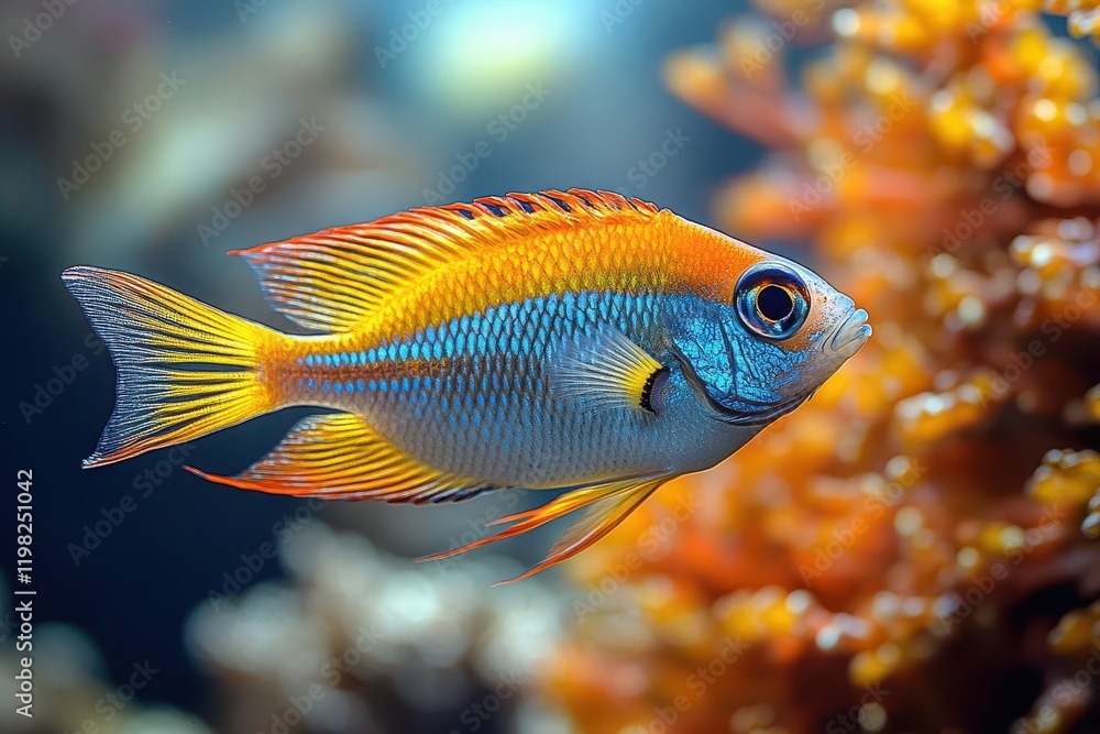colorful fish swimming gracefully in a clear aquarium, vibrant coral and aquatic plants providing a lively backdrop, creating a serene underwater world filled with life and movement