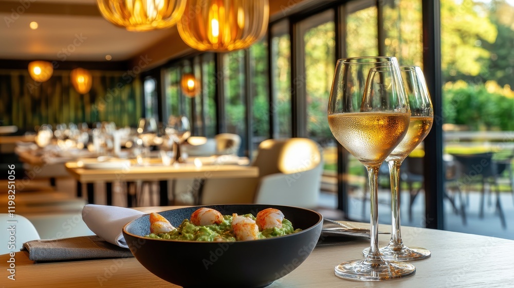Elegant Dining Setting with Fine Cuisine and Wine Elegant Dining Setting with Fine Cuisine and Wine