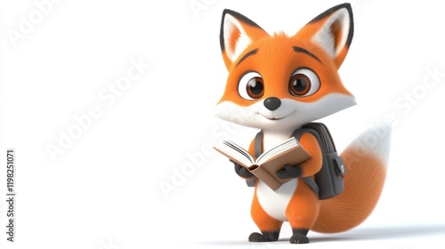 Adorable cartoon fox with backpack reading book.