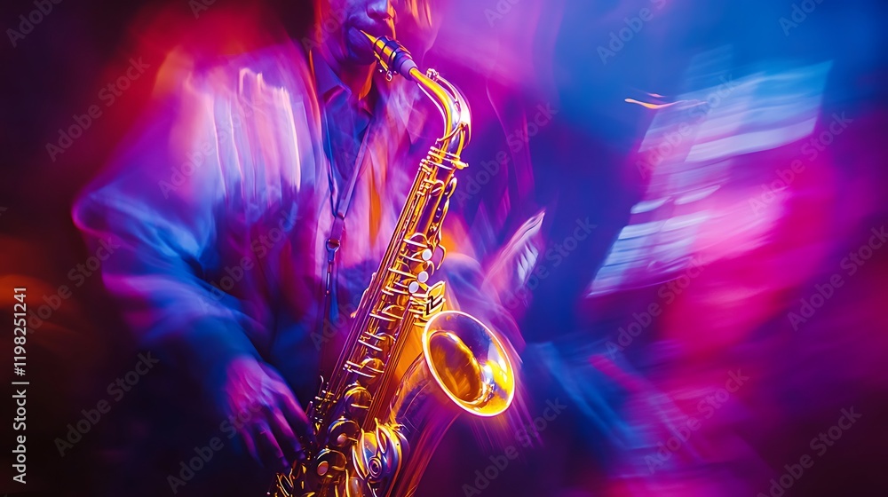 Obraz premium Jazz music concept, Abstract motion blurred of a jazz saxophonist improvising on stage.