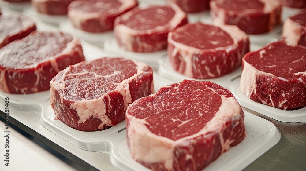Fototapeta premium Food safety inspection monitoring concept. Meticulously Sanitized Meat Packaging Line with Fresh Raw Beef Cuts