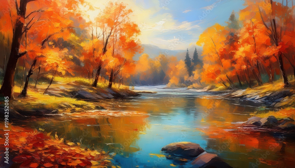 Serene Autumnal Forest Scene Along a Riverbank, with Vibrant Oranges and Rustic Hues Showcasing the Beauty of Natures Transition Serene Autumnal Forest Scene Along a Riverbank, with Vibrant Oranges and Rustic Hues Showcasing the Beauty of Natures Transition