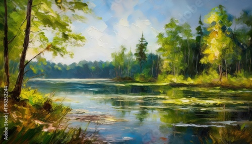 Serene Summer Lake Amidst a Forested Landscape A Vibrant Oil Painting Capturing the Peace and Tranquility of Natures Wonders