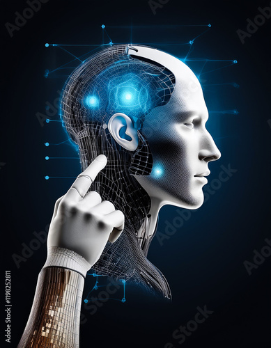 A cybernetic robotic hand pointing and touching virtual human head; 3d render,