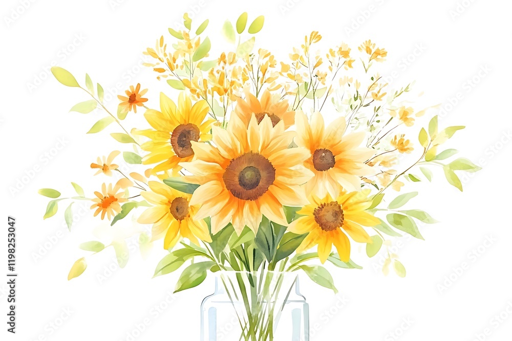 Fototapeta premium Watercolor Sunflowers and Delicate Blooms in Glass Vase