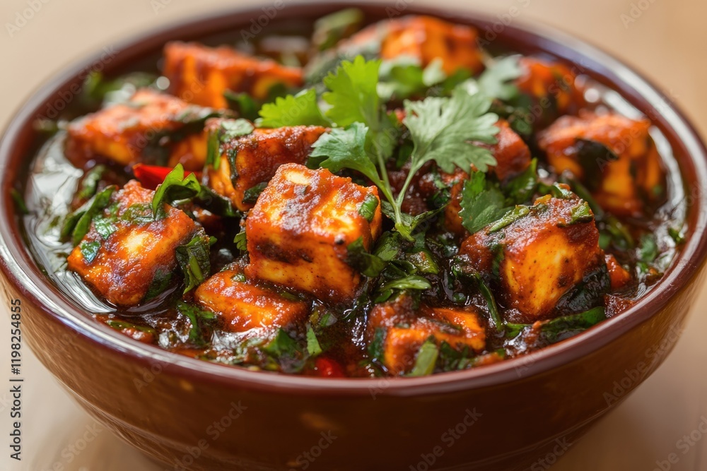 Spicy Indian paneer cubes simmered in a rich tomato-based gravy, garnished with cilantro. Spicy Indian paneer cubes simmered in a rich tomato-based gravy, garnished with cilantro.