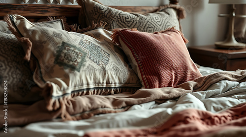 Cozy Bedroom Decor: Bohemian Style Pillows and Textures for a Relaxing Atmosphere photo