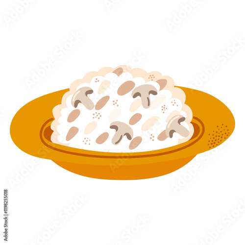 Creamy mushroom risotto in golden bowl. For restaurant menus, recipe guides, food blogs, or culinary illustrations to Italian cuisine. Vector illustration