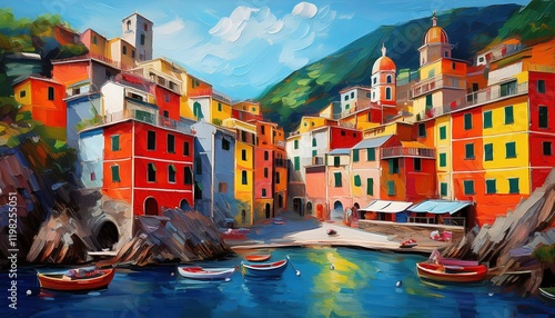 Vibrant Oil Painting Style Illustration of Cinque Terre Cityscape at Dusk, Capturing the Italian Rivieras Enchanting Beauty and Rich Colors photo