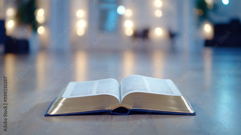 Open book on wooden floor, softly lit room background; spiritual, study, religion concept Open book on wooden floor, softly lit room background; spiritual, study, religion concept