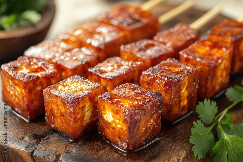 Grilled paneer cubes marinated in a flavorful glaze, skewered and ready to eat. Grilled paneer cubes marinated in a flavorful glaze, skewered and ready to eat.