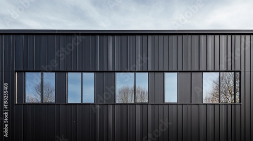 Wallpaper Mural Black metal facade with long horizontal windows reflecting trees and sky. Torontodigital.ca