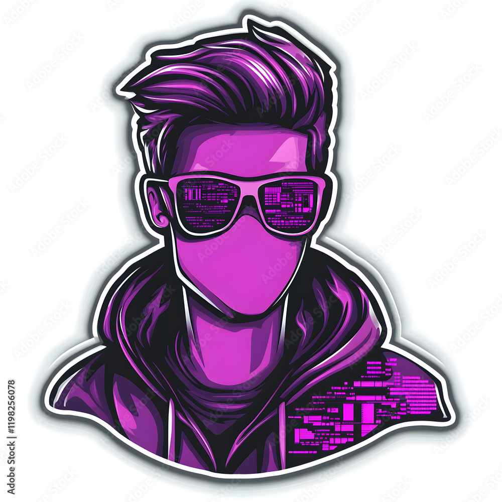 Purple Coder Portrait Sticker Vector Art on White Background Purple Coder Portrait Sticker Vector Art on White Background