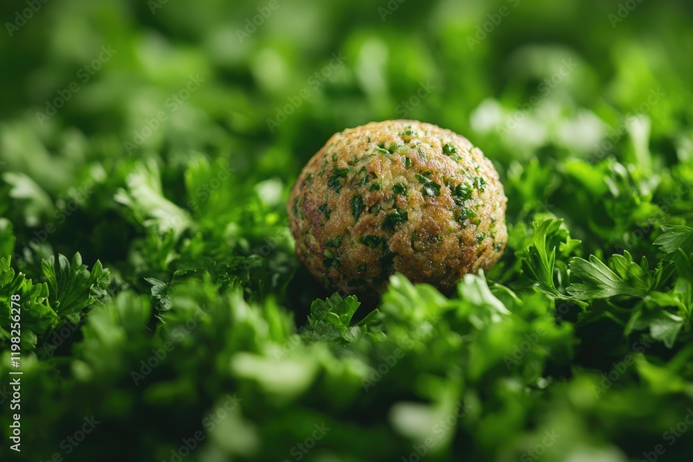 A single, herb-encrusted meatball rests on a bed of vibrant, fresh parsley. A single, herb-encrusted meatball rests on a bed of vibrant, fresh parsley.