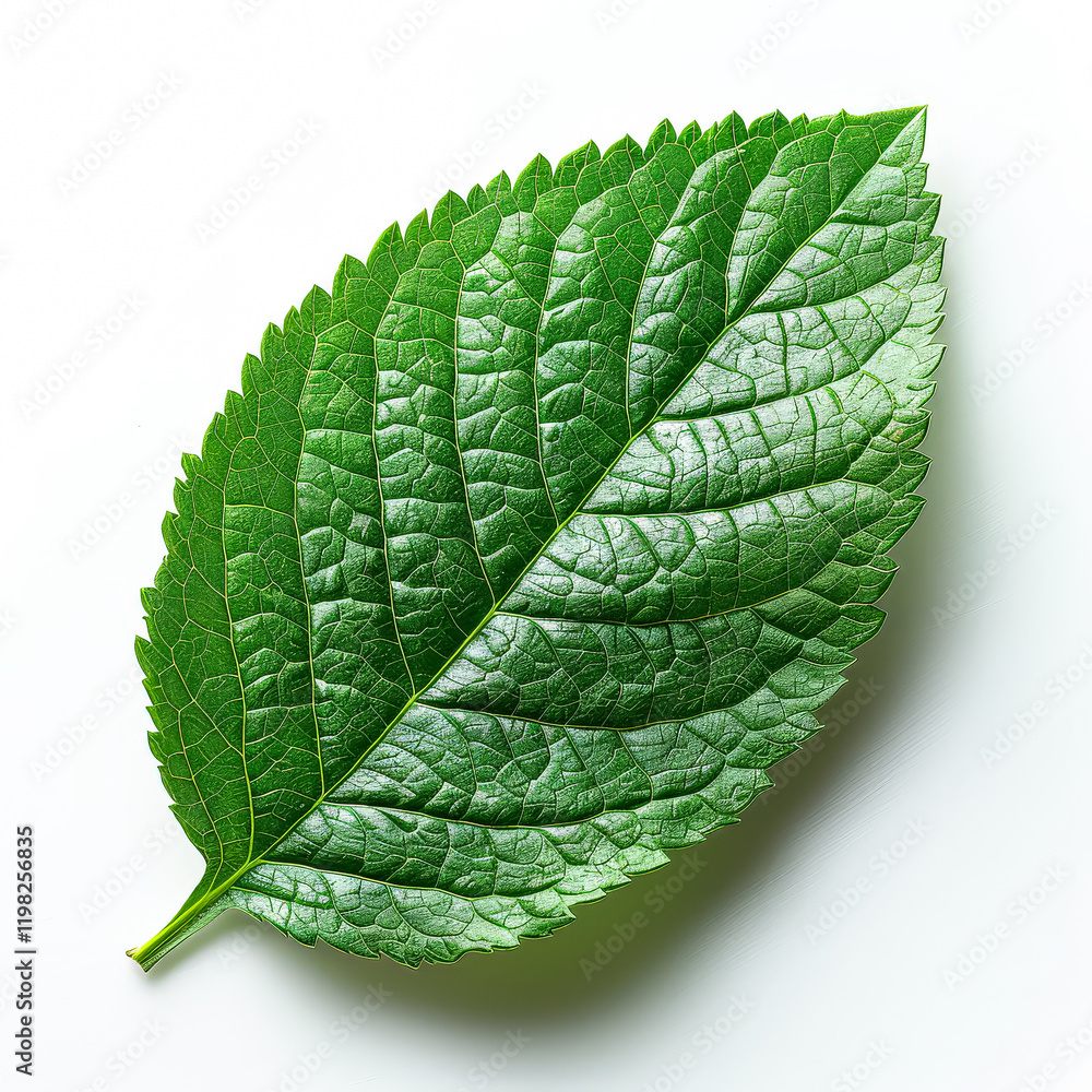Obraz premium Leaf is shown on a white background. The leaf is green and has a slightly frosty appearance