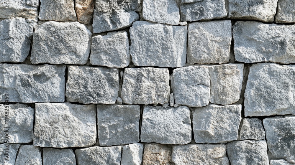Obraz premium Close-up of a rustic stone wall, showing textured gray and off-white stones in a neat pattern.