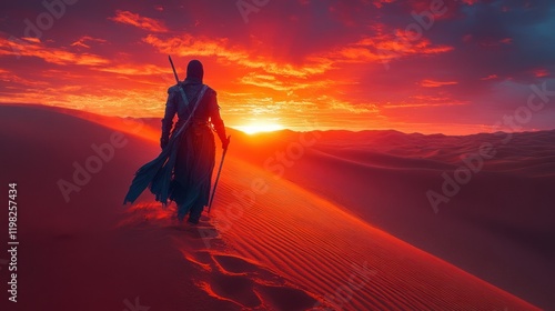 Fototapeta Naklejka Na Ścianę i Meble -  Desert warrior sunset walk dune adventure