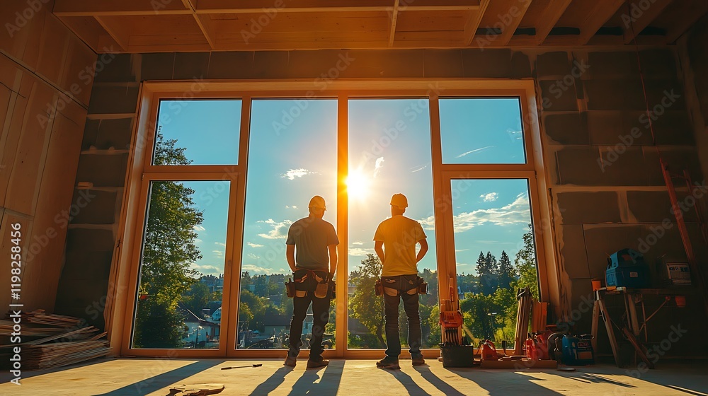 Fototapeta premium Construction workers overlooking sunrise through new windows building site