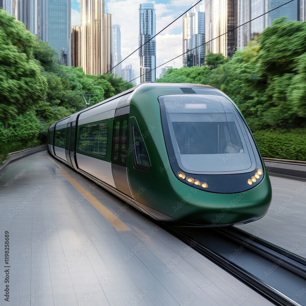 Naklejka premium A sleek, modern green train glides through a lush, urban landscape, showcasing a blend of technology and nature in a vibrant city setting.