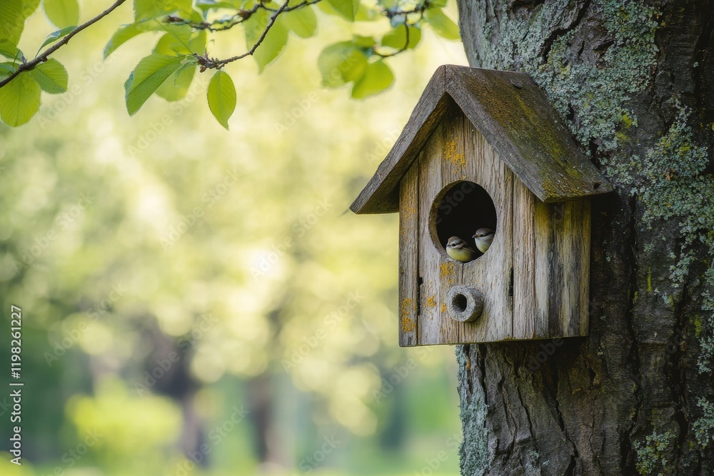 Wooden birdhouse hangs on a tree while small birds gather around during a sunny day. Generative AI Wooden birdhouse hangs on a tree while small birds gather around during a sunny day. Generative AI
