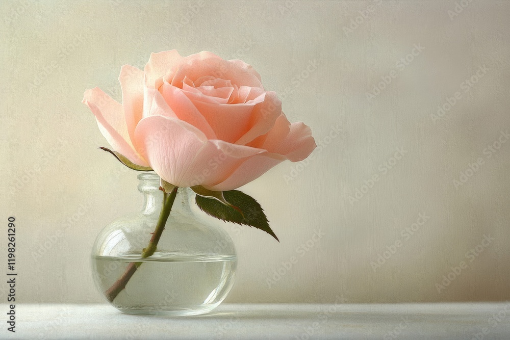 Fototapeta premium A single, delicate pink rose in a small glass vase, a simple yet elegant still life.