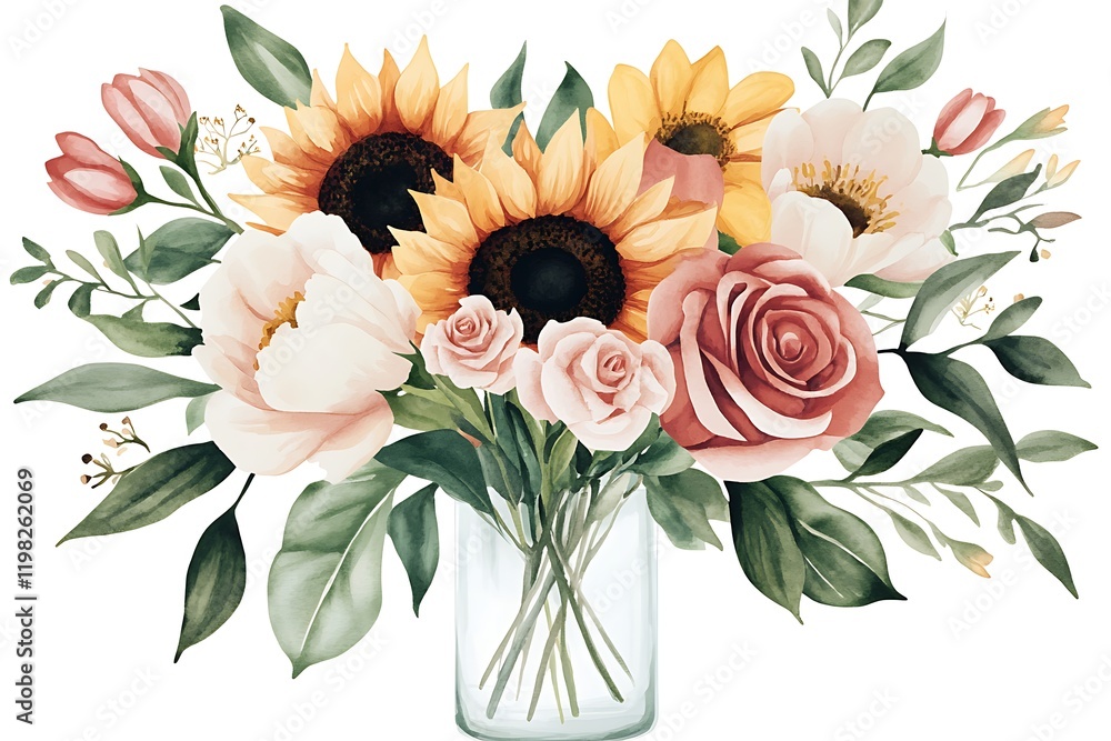 Obraz premium Sunflowers, Roses & Peonies in Rustic Glass Vase: Watercolor Floral Bouquet