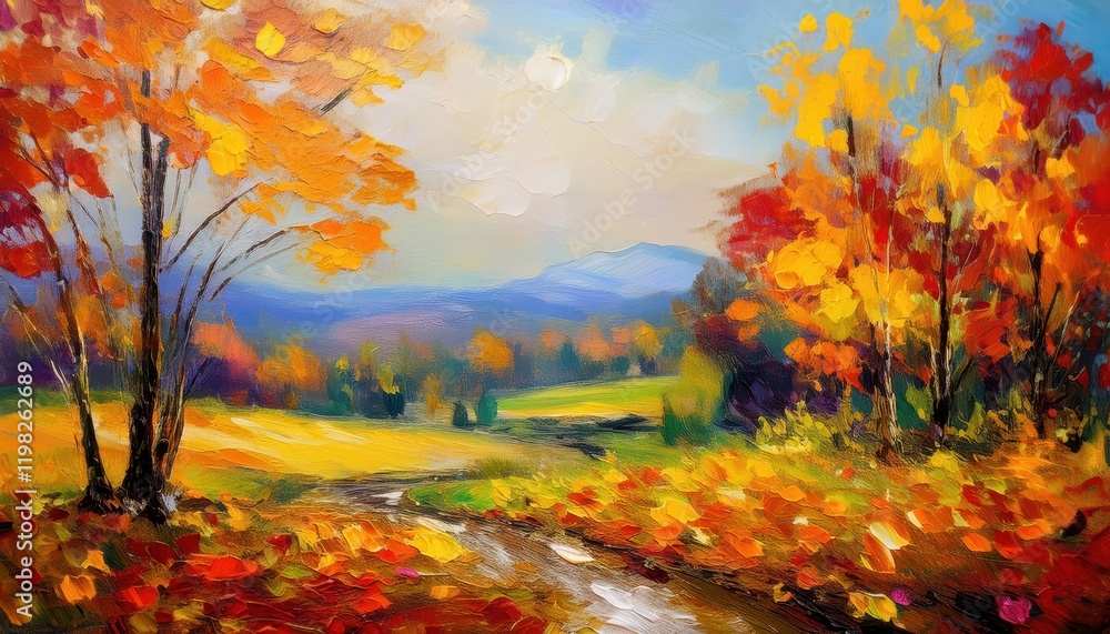 Vibrant Autumn Scenery A Captivating Oil Painting Showcasing Bold Colors, Rich Textures, and the Majesty of Falls Grandeur in a Picturesque Landscape. Vibrant Autumn Scenery A Captivating Oil Painting Showcasing Bold Colors, Rich Textures, and the Majesty of Falls Grandeur in a Picturesque Landscape.