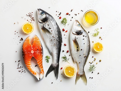 Balanced omega-6 to omega-3 ratio represented by contrasting food sources like fish and oils emphasizing nutrition photo