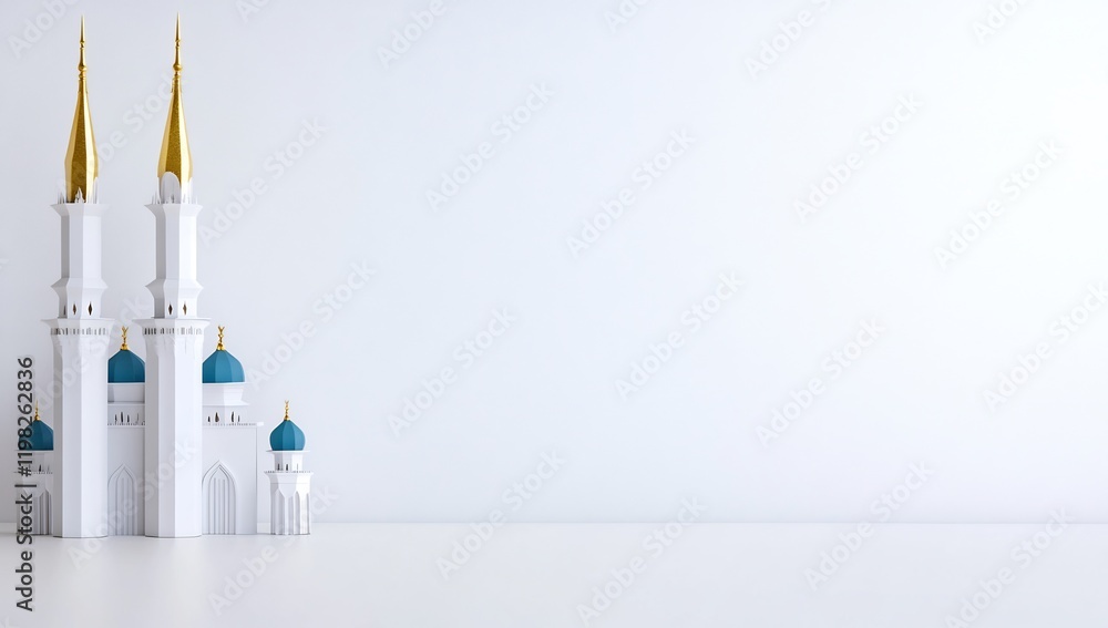 Mosque model, white background, Islamic architecture, religious design, website banner Mosque model, white background, Islamic architecture, religious design, website banner