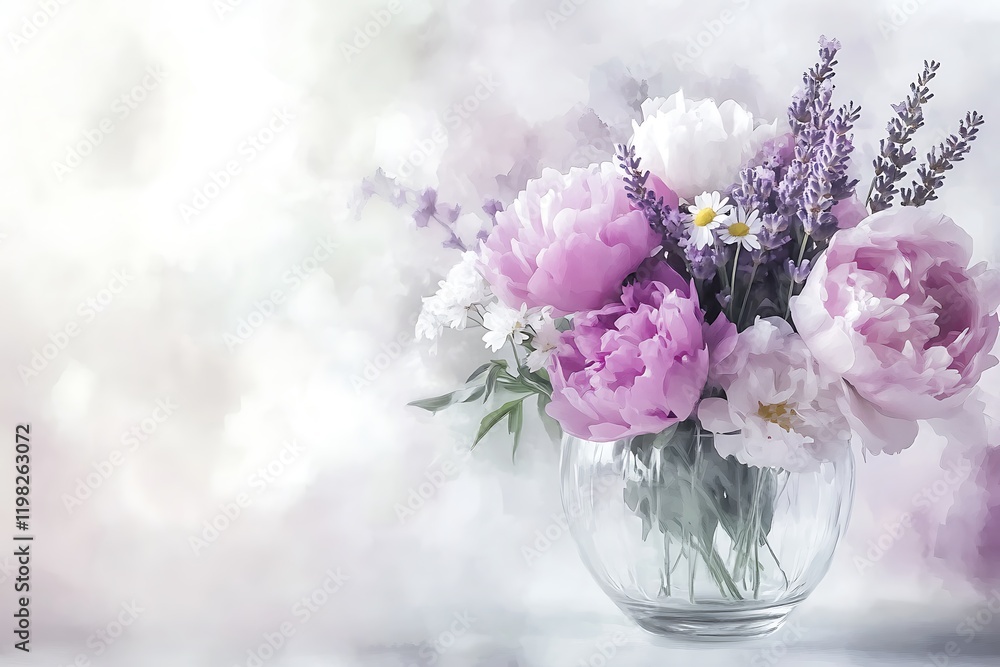 Obraz premium Soft Pink Peonies, Lavender, & Daisies in Glass Bowl, Spring Bouquet